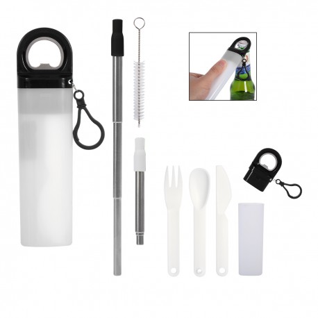 Kit de Popote de Acero Inoxidable, Cepillo de Limpieza, Cubiertos y Destapador de Botellas 4 en 1